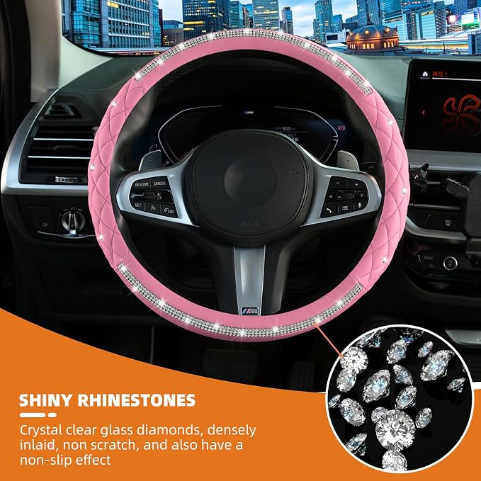 Diamond Steering Wheel Cover，14.5-15 Inch Car Steering Wheel Cover with Bling Crystal Rhinestone，Delicate and Anti-Slip Sparkly Car Wheel Protector for Women Girl，Pink
