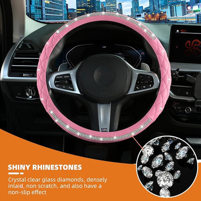 Diamond Steering Wheel Cover，14.5-15 Inch Car Steering Wheel Cover with Bling Crystal Rhinestone，Delicate and Anti-Slip Sparkly Car Wheel Protector for Women Girl，Pink