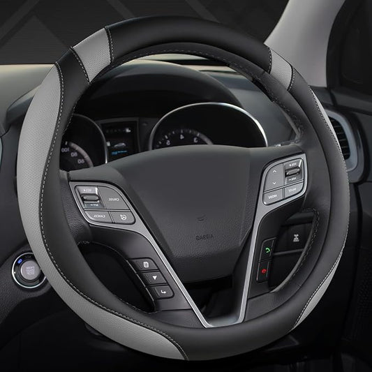 West Llama Customized Auto Car Steering Wheel Cover for Hyundai,Tucson,Sonata,Elantra,Santa Fe,Genesis,Sonata Hybrid,Azera,Venue,Kona, 14.5-15 inches(Black+Gray - Standard Size)