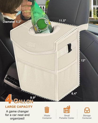 Pritent Car Trash Can with Lid, Cute Leakproof Car Trash Garbage Bag Hanging Vehicle Trash Bin Small Portable Automotive Garbage Cans Organizer for Back/Front Seat(4 Gallons,Beige)