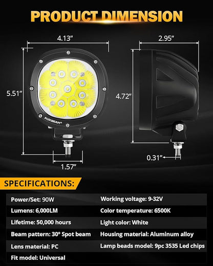 Auxbeam 4In 90W Round Led Offroad Lights, 2PCS 9000LM Led Light Pod Super Bright Round Driving Light with Wiring Harness Kit Spot White Beam for Truck Pickup SUV ATV UTV 4x4 Jeep Wrangler Motorcycle