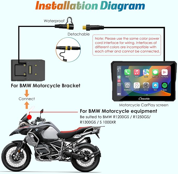 Carpuride W702B Motorcycle Carplay Screen for BMW R1200GS R1250GS S1000XR Motorcycle, 7 inch Waterproof Touchscreen, Portable Carplay/Android Auto GPS Navigation for Motorbike, Dual Bluetooth