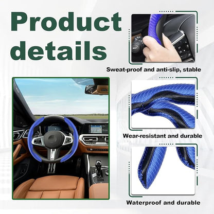 2pcs Carbon Fiber Anti-Skid Steering Wheel Cover, Anti-Skid Steering Wheel Cover/Segmented Steering Wheel Protector/Car Interior Accessories for Men/Women - Durable(Blue)