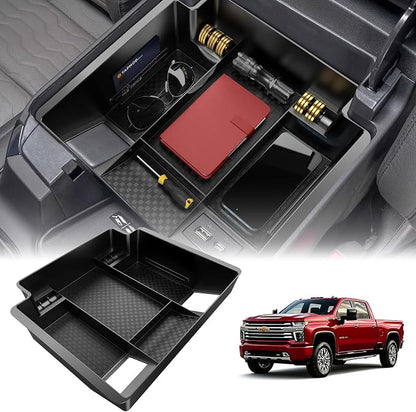 Center Console Organizer for 23-25 Chevy Silverado & GMC Sierra 1500, Refreshed 22-25 Silverado/Sierra 1500 Models, 24-25 Silverado/Sierra 2500HD 3500HD(Full Console w/Bucket Seats ONLY)