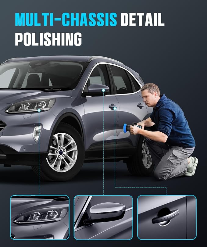 Mini Polisher, 2inch/ 3inch 750W Car Buffer with 12mm Random Orbital-Improve Work Efficiency by 35%, with 16pcs Trapezoidal Polisher Pads &16.4 ft Cord, for Car Detailing and Waxing