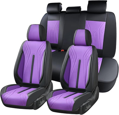 Huidasource Car Seat Covers Full Set, Universal Fit for Most Cars SUV Trucks, Full Coverage Nappa Leather Seat Cover, Airbag, Cupholder Compatible, Velcro Adjustable, Black&Purple