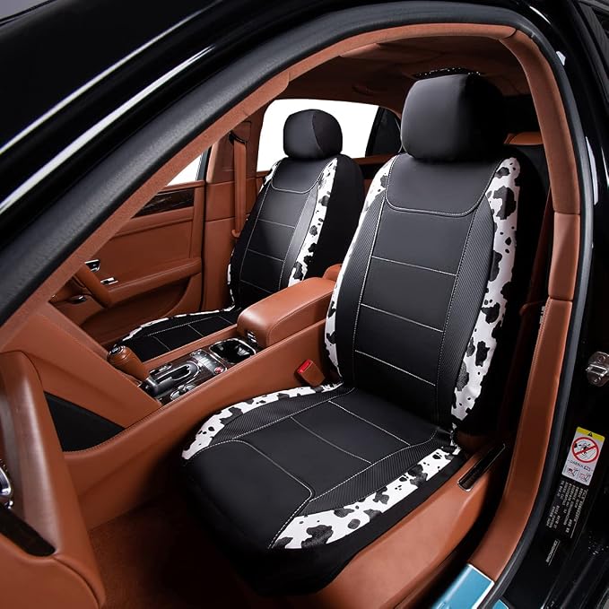 Flying Banner car seat Covers Protects Water Proof Faux Leather Carbon Fiber Front and Rear Bench (Cow Black, Full Set - 8PCS)