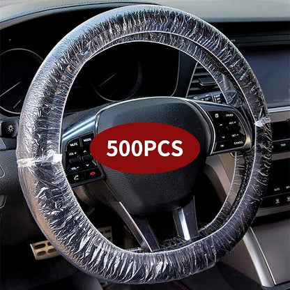 ICWEIMEI 500PCS Universal Disposable Steering Wheel Cover Plastic Transparent Car Steering Wheel Covers with Elastic Trims for Steering Wheels