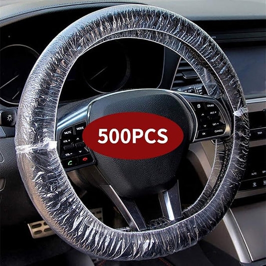 ICWEIMEI 500PCS Universal Disposable Steering Wheel Cover Plastic Transparent Car Steering Wheel Covers with Elastic Trims for Steering Wheels