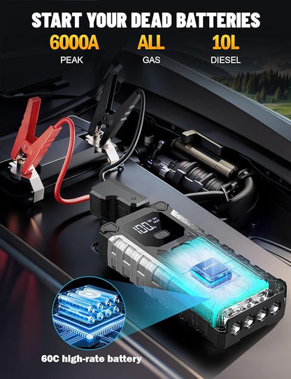 Sharmeal Car Battery Jump Starter 6000A, Car Jumper Starter Battery Pack for Up to All Gas & 10.0L Diesel Engines, 12V Portable Jump Box with 3 Modes Flashlight and Jumper Cable
