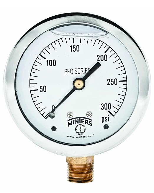 Winters 2-1/2" Dial Size, Liquid Filled Industrial Pressure Gauge, Brass Internals, 304 Stainless Steel Case, Single Scale 0-300 psi, 1.5% Acc, 1/4" NPT Bottom Mount, Glycerin Filled Pressure Gauge