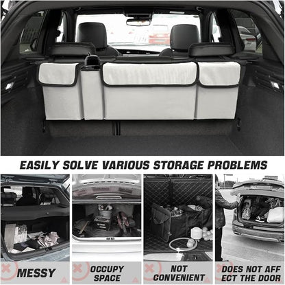 AUCELI Car Trunk Organizer, Backseat Hanging Large Storage with Adjustable Straps, Waterproof Collapsible Cargo Bag with 4 Pockets, Sturdy Space Saver Frees Trunk Floor for SUV, Truck, MPV