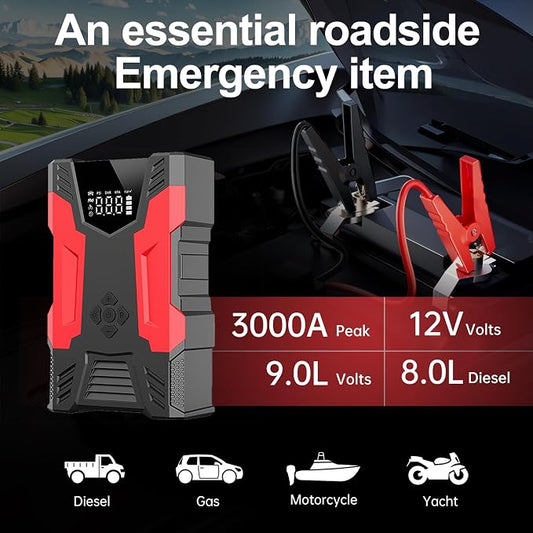 Portable Car Jump Starter with Air Compressor, 3000A Car Battery Booster (9.0L Gas/6.5L Diesel) with 150PSI Auto-Shutoff Tire Inflator, 12V Supersafe Lithium Jump Box Car Battery Jumper Starter
