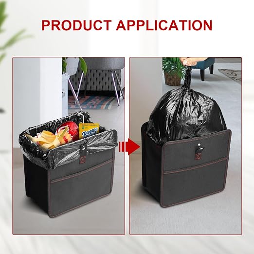 YSSOA Foldable Car Trash Can with Storage Pockets, Car Garbage Can with Adjustable Straps, Waterproof & Leakproof, 3 Gallons, Black