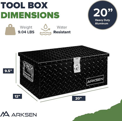 ARKSEN 20 x 12 x 10 Inch Diamond Plate Truck Bed Tool Box, Heavy Duty Waterproof Aluminum Storage Chest with Side Handle & Lock for Pickup Truck Bed, RV & Trailer Black
