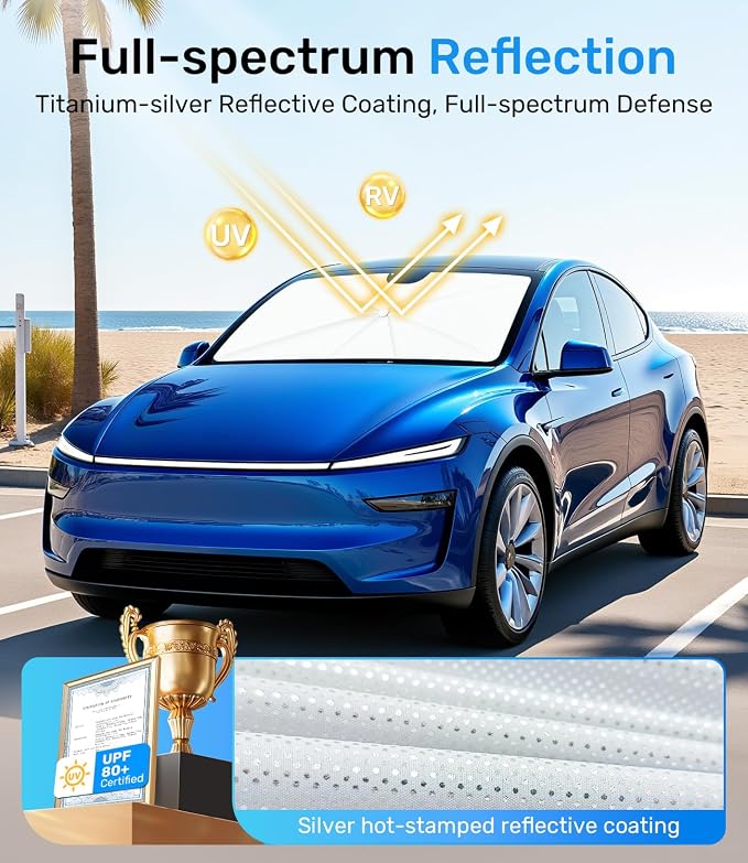 Zanch Upgrade Windshield Sun Shade, Custom Fit for Tesla Mode Y 2017-2026 [Titanium-Silver Reflective Coating] Blocks 99% UV & Heat, Sunshade Umbrella for Model Y 2017 ... 2024 2025 2026