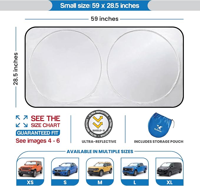 EzyShade Windshield Sun Shade with Shield-X Reflective Technology. See Vehicle Size-Chart. Foldable 1-Piece Car Sunshade for Front Windshield Window Car SUV. Sun Visor Heat Shield. Small (S) Size