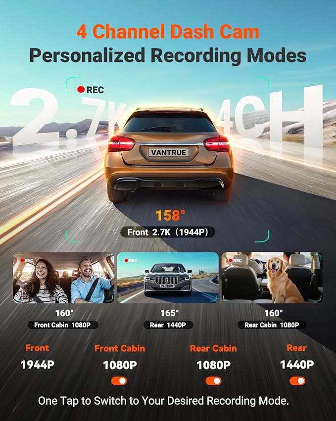 Vantrue N5S 4 Channel 360 Degree 2.7K Dash Cam, 4CH STARVIS 2 Night Vision, 2.7K+1080P*2+1440P Front Rear Inside Dashcam, 24/7 Buffered Parking Mode, WiFi, Voice Control, Dual GPS, Support 1TB Max