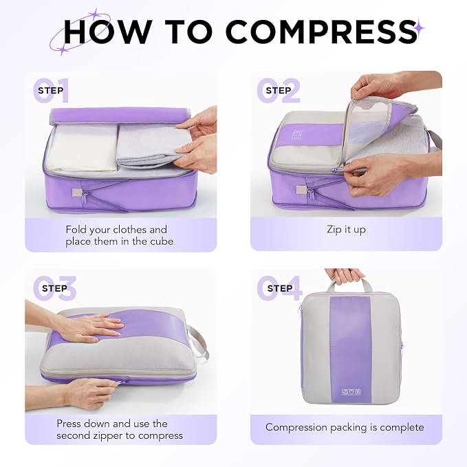 OlarHike 10-Pack Compression Packing Cubes for Travel Essentials,Compressible Expandable Packing Cubes for Suitcase,Luggage Garment Bags for Travel,Handy Helper for Organizing Clothes(Light Purple)
