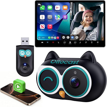 OTTOCAST Cabin Care 2-in-1 Baby Car Camera & Wireless CarPlay Adapter, 1080P Rear Seat View on Car Screen, No Extra Screen, No-Glow Night Vision, 150° Wide Angle, Easy Install, No Android Support