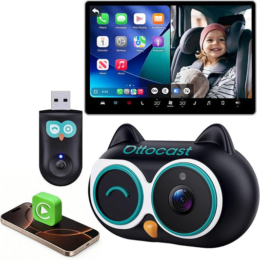 OTTOCAST Cabin Care 2-in-1 Baby Car Camera & Wireless CarPlay Adapter, 1080P Rear Seat View on Car Screen, No Extra Screen, No-Glow Night Vision, 150° Wide Angle, Easy Install, No Android Support