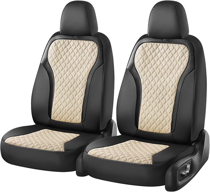 Coverado Front Seat Covers, 2-Pack Luxury Diamond Leather Car Seat Cover with Carbon Fibre Weave Design, Waterproof Car Seat Protectors, Black&Beige Driver Seat Covers Universal Fit for Cars Trucks