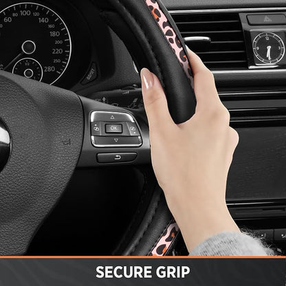Road Comforts Steering Wheel Cover - Made with PVC Leather and Leopard Fabric - Universal 14 1/2 inches to 15 inches for Most Automotive Steering Wheel - Cheetah Print - Pink Leapord