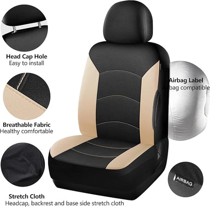 HChengkikz Car Seat Covers Front Seat, Waterproof Neoprene Seat Covers, Airbag Compatible, All Season Protection Universal Fit Most Cars, Trucks, SUVs (Black + Beige)