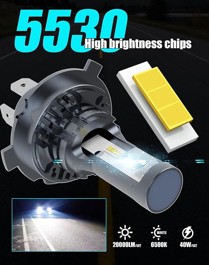 H19 H4 9003 HB2 HS1 LED Light Bulbs 20000Lm Bright 40W 6500K Fanless EMC Plug and Play for 12V Cars Motorcycles 24V Trucks, Fog Lamps, 2-Pack