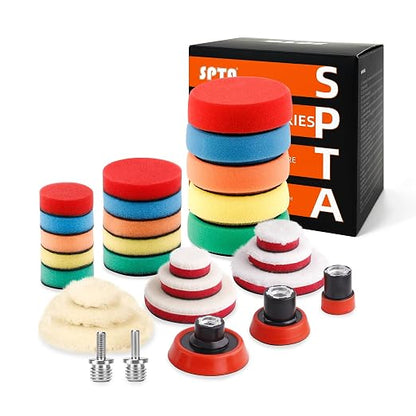 SPTA 29pcs Drill Buffing Pad Detail Polishing Pad Mix Size Kit with 5/8-11 Thread Backing pad & Adapters for Car Sanding, Polishing, Waxing (29Pcs Mini Polishing Pad Set1)