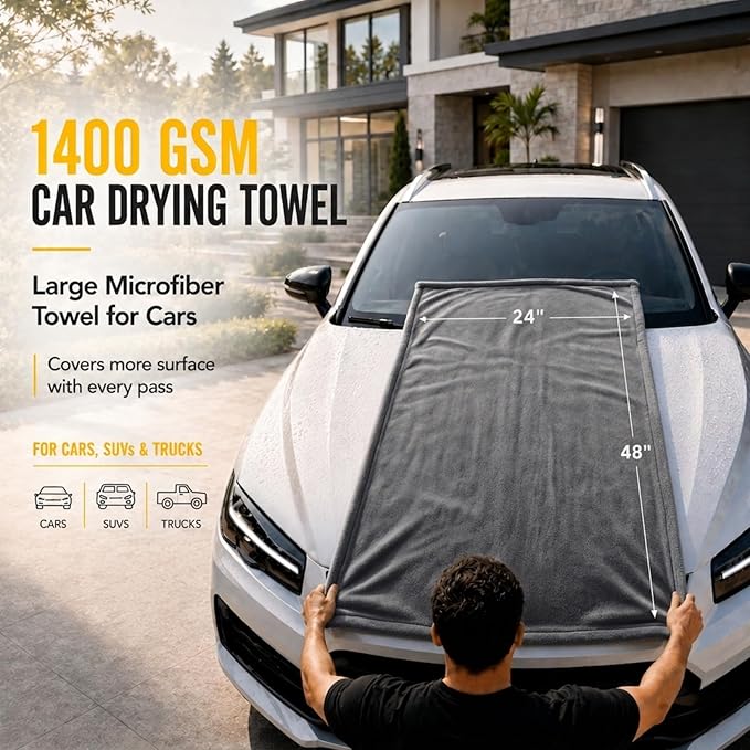 1400 GSM Car Drying Towels – XXL Microfiber Towels for Cars (48" x 24"), Ultra-Absorbent, Streak-Free, Scratch-Free, No Water Spots, Double-Twist Pile & Edgeless Design