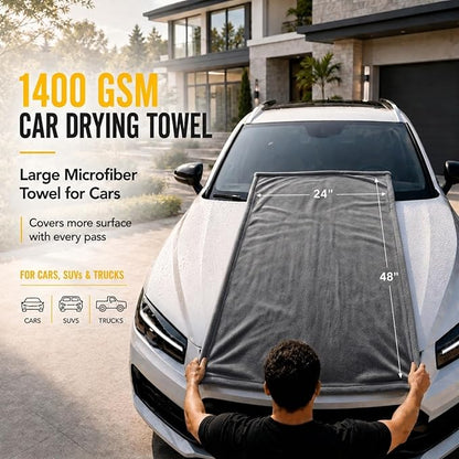 1400 GSM Car Drying Towels – XXL Microfiber Towels for Cars (48" x 24"), Ultra-Absorbent, Streak-Free, Scratch-Free, No Water Spots, Double-Twist Pile & Edgeless Design