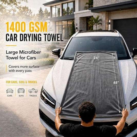 1400 GSM Car Drying Towels – XXL Microfiber Towels for Cars (48" x 24"), Ultra-Absorbent, Streak-Free, Scratch-Free, No Water Spots, Double-Twist Pile & Edgeless Design