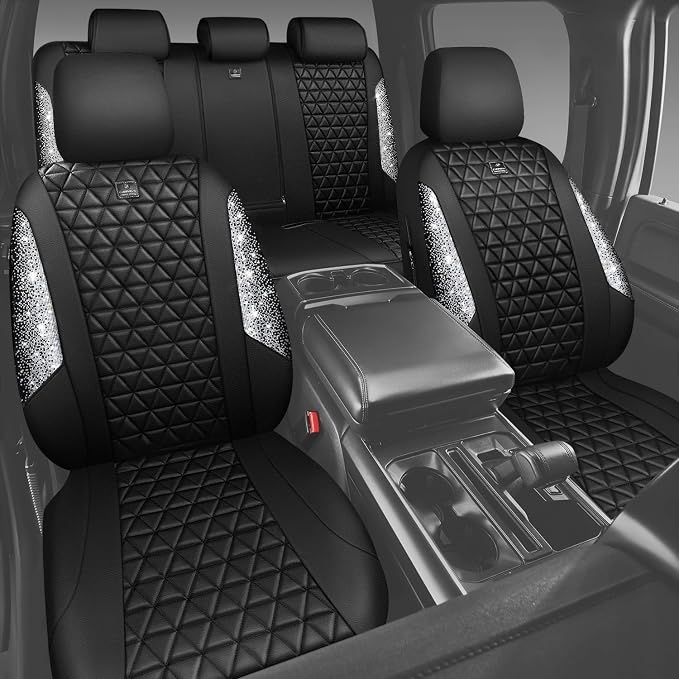 CAR PASS Bling Diamond Leather Car Seat Covers Full Seats Interior Sets, Waterproof Shining Glitter Sparkly Crystal Universal Armrest Fit Automotive Truck SUV Cute Women Girl, Black Silver Rhinestone