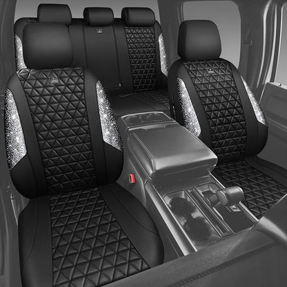 CAR PASS Bling Diamond Leather Car Seat Covers Full Seats Interior Sets, Waterproof Shining Glitter Sparkly Crystal Universal Armrest Fit Automotive Truck SUV Cute Women Girl, Black Silver Rhinestone