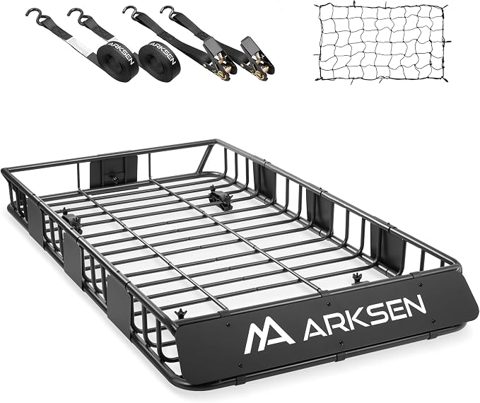 ARKSEN 64" x 34" x 6" Roof Rack Cargo Basket with Extension, 150 LBS Universal Heavy Duty Steel Rooftop Carrier with Cargo Net & Tie Down Straps for SUV, Truck, RV, Pickup