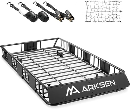 ARKSEN 64" x 34" x 6" Roof Rack Cargo Basket with Extension, 150 LBS Universal Heavy Duty Steel Rooftop Carrier with Cargo Net & Tie Down Straps for SUV, Truck, RV, Pickup