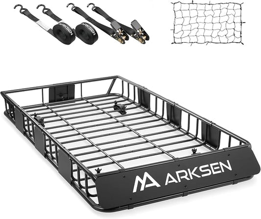 ARKSEN 64" x 34" x 6" Roof Rack Cargo Basket with Extension, 150 LBS Universal Heavy Duty Steel Rooftop Carrier with Cargo Net & Tie Down Straps for SUV, Truck, RV, Pickup