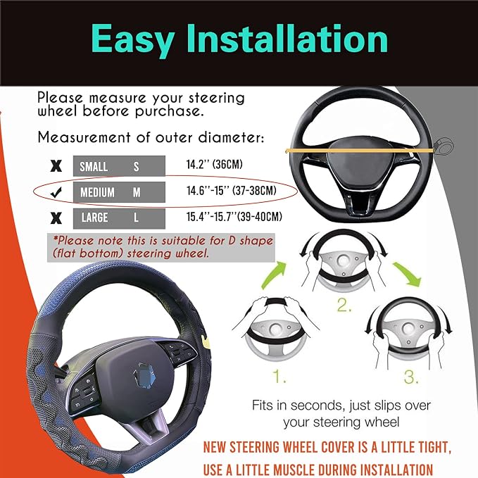 PINCTROT D Shaped 14.5-15 Inch Steering Wheel Cover Great Grip with 3D Honeycomb Anti-Slip Design, Flat Bottom 14.5-15 Inch (Blue)