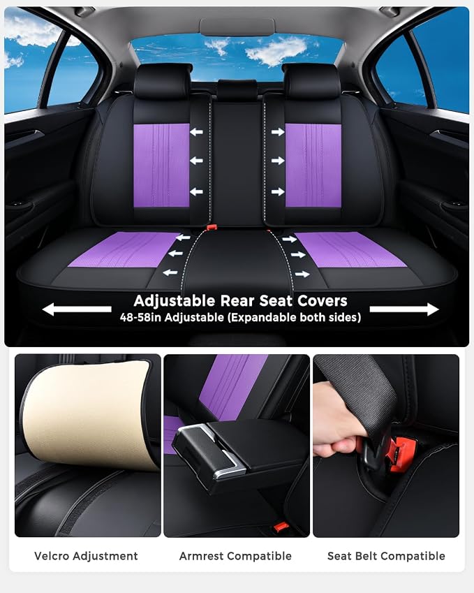 Huidasource Universal Car Seat Cover, Luxury Faux Leather Car Seat Cover Set Velcro Adjustable with Airbags, Thinning Design Perforation Cooling＆Heating Fit for Most Cars Vans Trucks SUVs Black&Purple