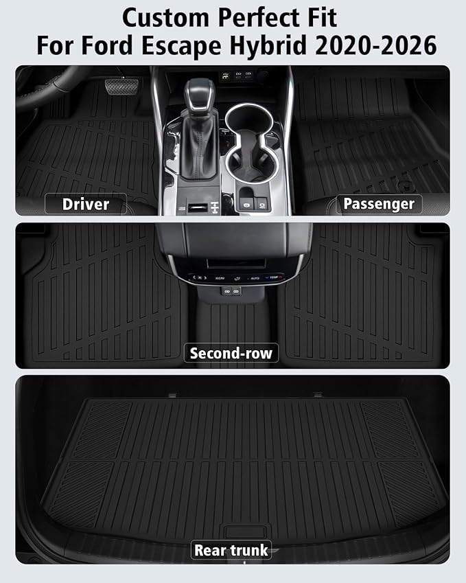 Floor Mats & Cargo Liner Custom Fit for Ford Escape Hybrid 2020-2025 2026 (NOT Fit Gas) All Weather TPE Rubber Trunk Mat Anti-Slip Full Set Automotive Floor Liners for Escape 2025 Accessories