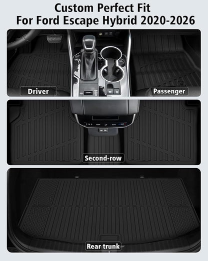 Floor Mats & Cargo Liner Custom Fit for Ford Escape Hybrid 2020-2025 2026 (NOT Fit Gas) All Weather TPE Rubber Trunk Mat Anti-Slip Full Set Automotive Floor Liners for Escape 2025 Accessories
