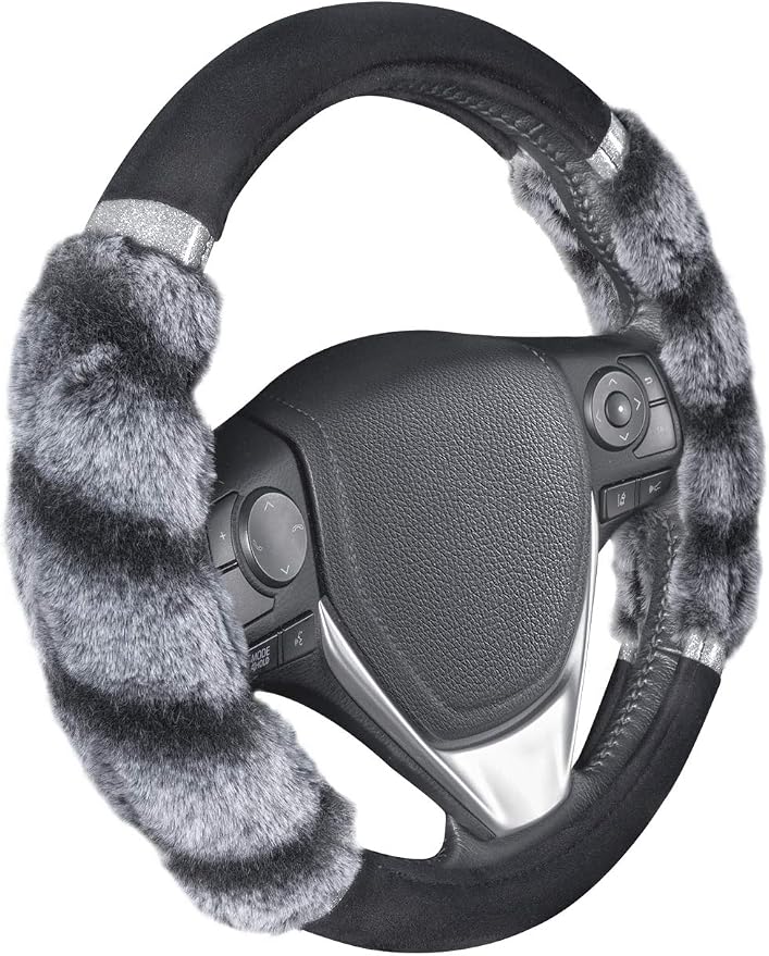 BDK Bear Fur Plush Steering Wheel Cover - Cute Faux Wool Protector for Women Girls Fits Wheels 14.5-15 inch Bear Fur - Black/Gray with Glitter