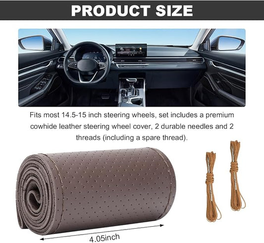 Wevdn Genuine Leather Steering Wheel Cover, Stitch on Wrap, DIY Sewing Steering Wheel Protector, 15 Inch Breathable Non-Slip Steering Wheel Protector, Car Accessories (Coffee, Full Hole)