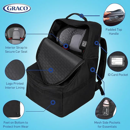 Graco Padded Car Seat Travel Bag & Infant Carrier Backpack, Durable Large Back Pack for Carseats & Booster Seats, Airport Gate Check Bag Luggage, Double Padded Strap, Water Resistant Material, Black