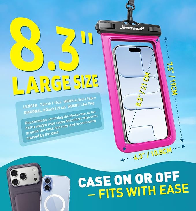 Hiearcool Universal Waterproof Phone Pouch,IPX8 Cell Phone Waterproof Case Up to 8.3" for iPhone 17 16 15 14 13 Pro Max,Beach Essentials Vacation Must Haves-Clear&Bright Red-2Pack