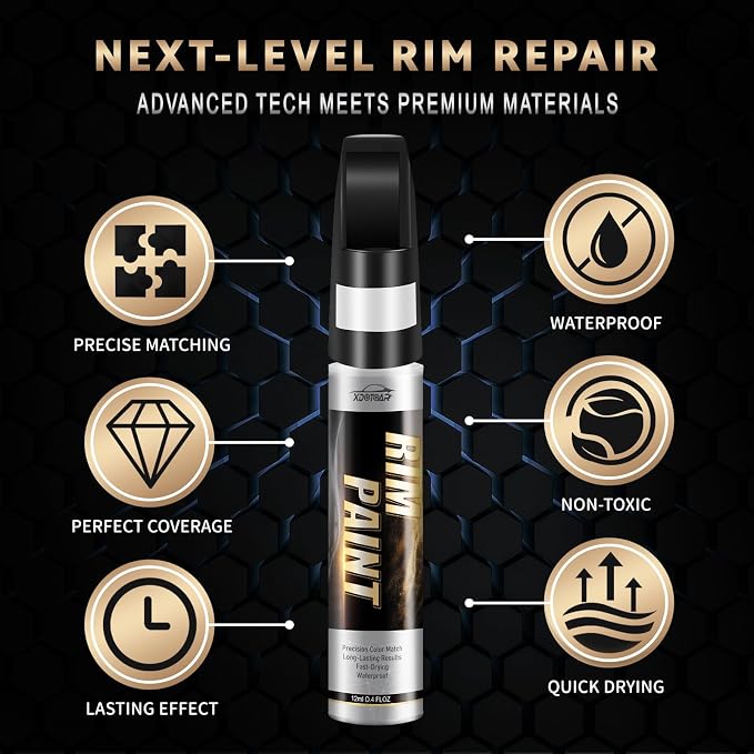 Matte Black Rim Touch Up Paint, Efficient Wheel Paint Pen for Metal, Also Match Flat Black, Quick and Easy Repair Curb Rash, Car, Faucet and More, Universal and Color Accurate, Long lasting