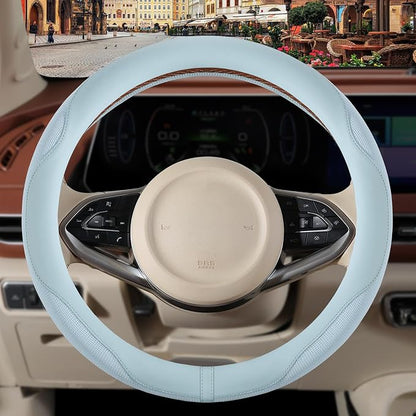 Nappa Leather Blue Steering Wheel Cover, Advanced Microfiber Leather Non-Slip Breathable Fabric, Warm in Winter and Cool in Summer, Universal 15 inch
