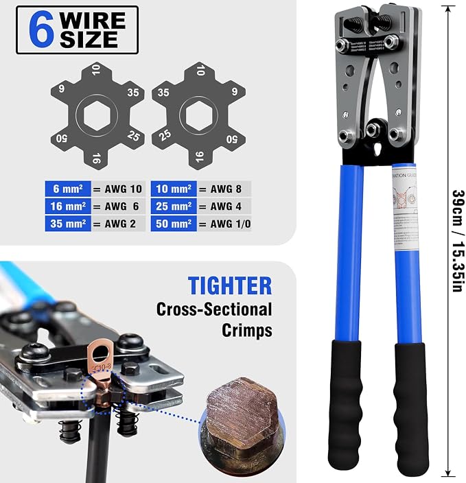 Sanuke Battery Cable Crimper for AWG 10, 8, 6, 4, 2, 1/0 Gauge Ring Terminals, Battery Cable Crimping Tool with Heavy Duty Cutter, 60pcs Copper Wire Lugs & Heat Shrink Tubing, Portable Black Bag