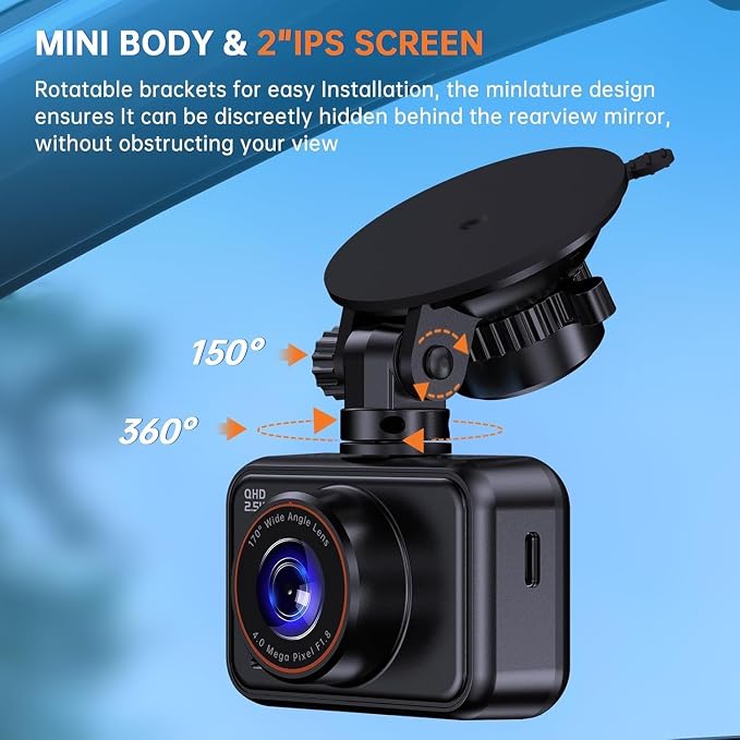 E-YEEGER Dash Cam Front and Rear, 2.5K Dual Dash Camera for Cars, 2560P Mini Car Camera, 2 inch IPS Screen, WDR Night Vision, 24 Hours Parking Monitor, G-Sensor, Support 256 GB Max